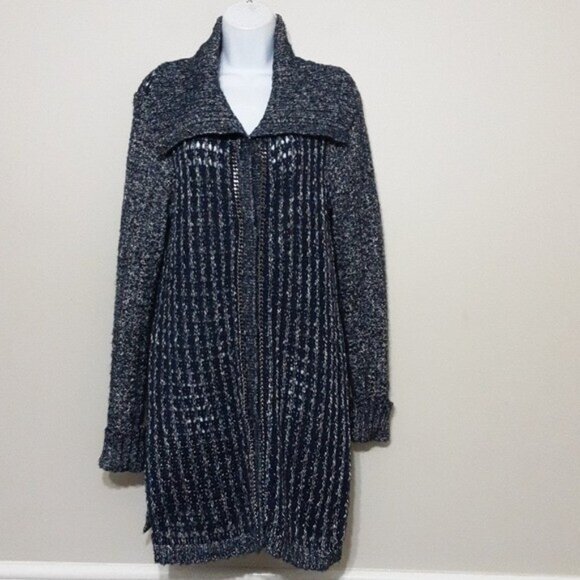 Chico's Textured Tina Cardigan Sweater women 1 Snap Front Chains Blue boho comfy - Picture 2 of 11